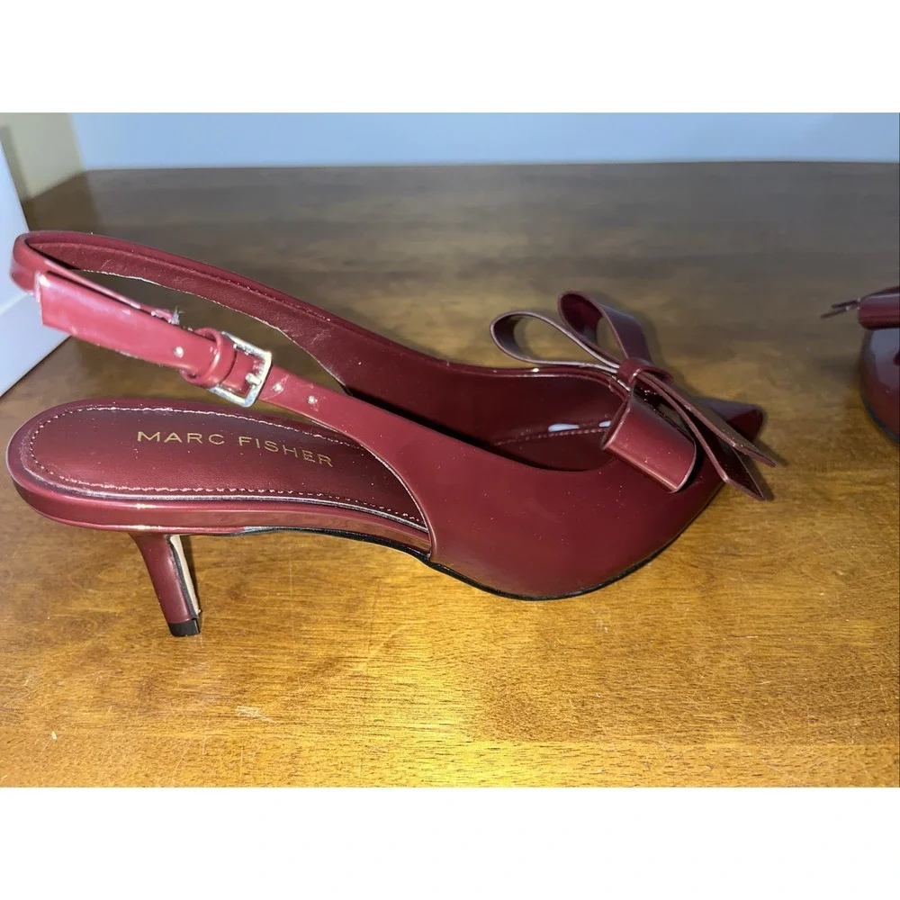 Marc Fisher Dark Red Allon Sling Back Kitten Heels Sz 6.5M W/Bow Coquette New